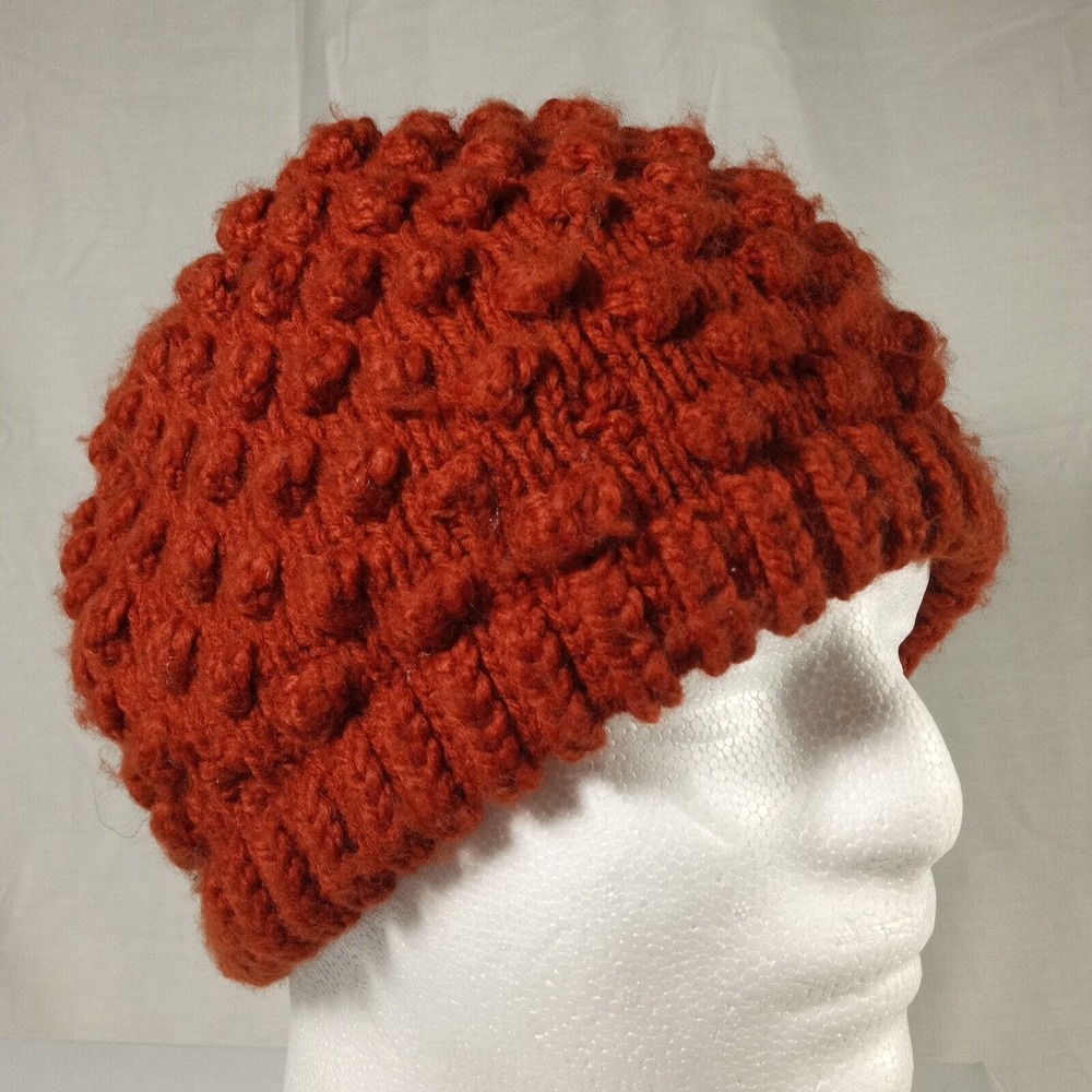 Vintage Ladies Grandoe Popcorn Hat Knit Beanie Warm Winter Cap - Brick Red
